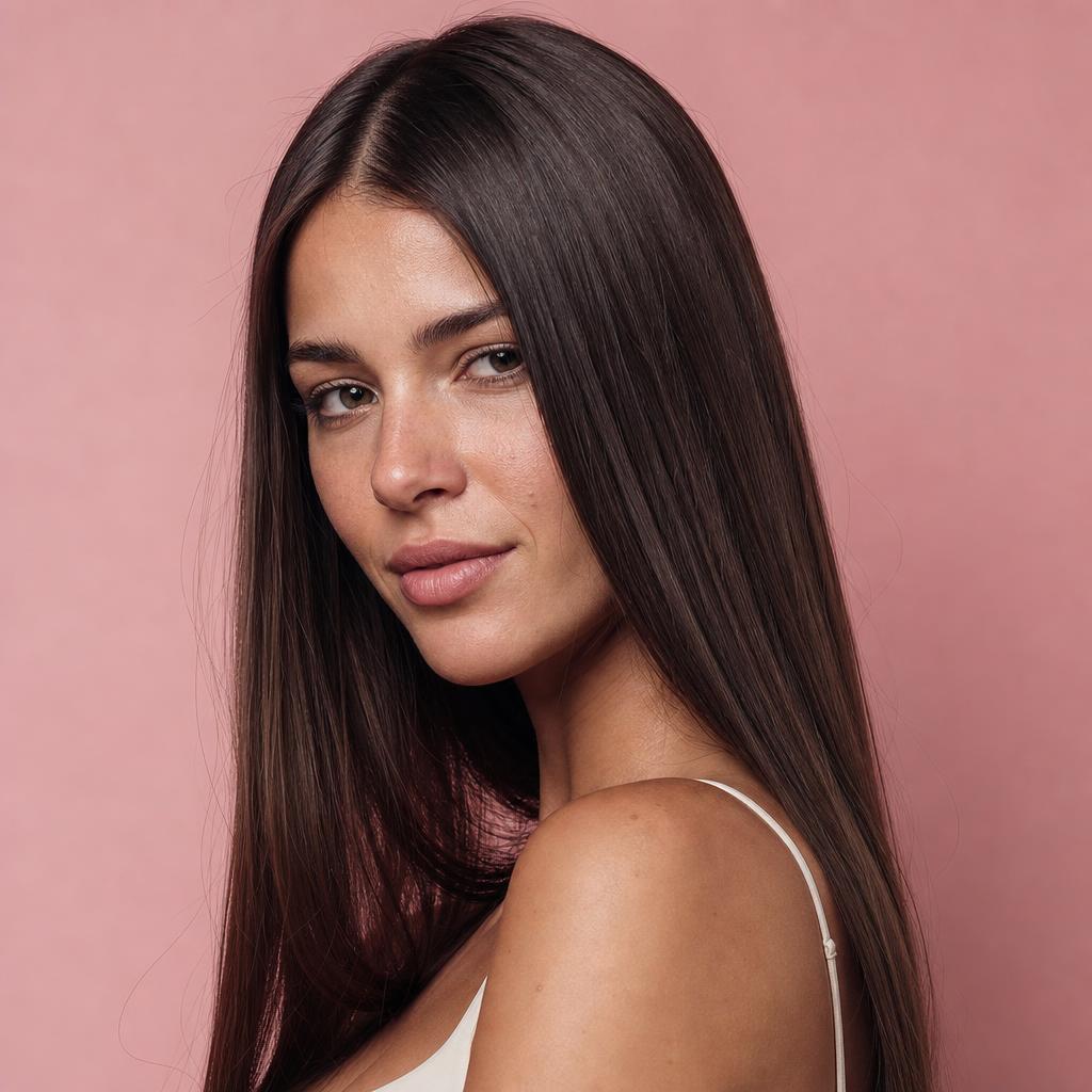 Modelo com cabelo liso e brilhante após alisamento brasileiro na Ruby Hair